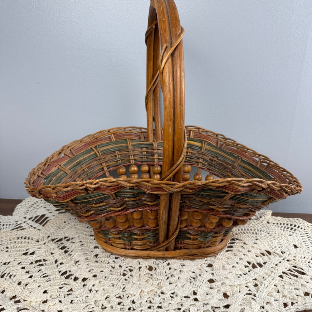 Vintage Woven Wicker Basket with Wooden Base and Beaded Detail Brown Green Red